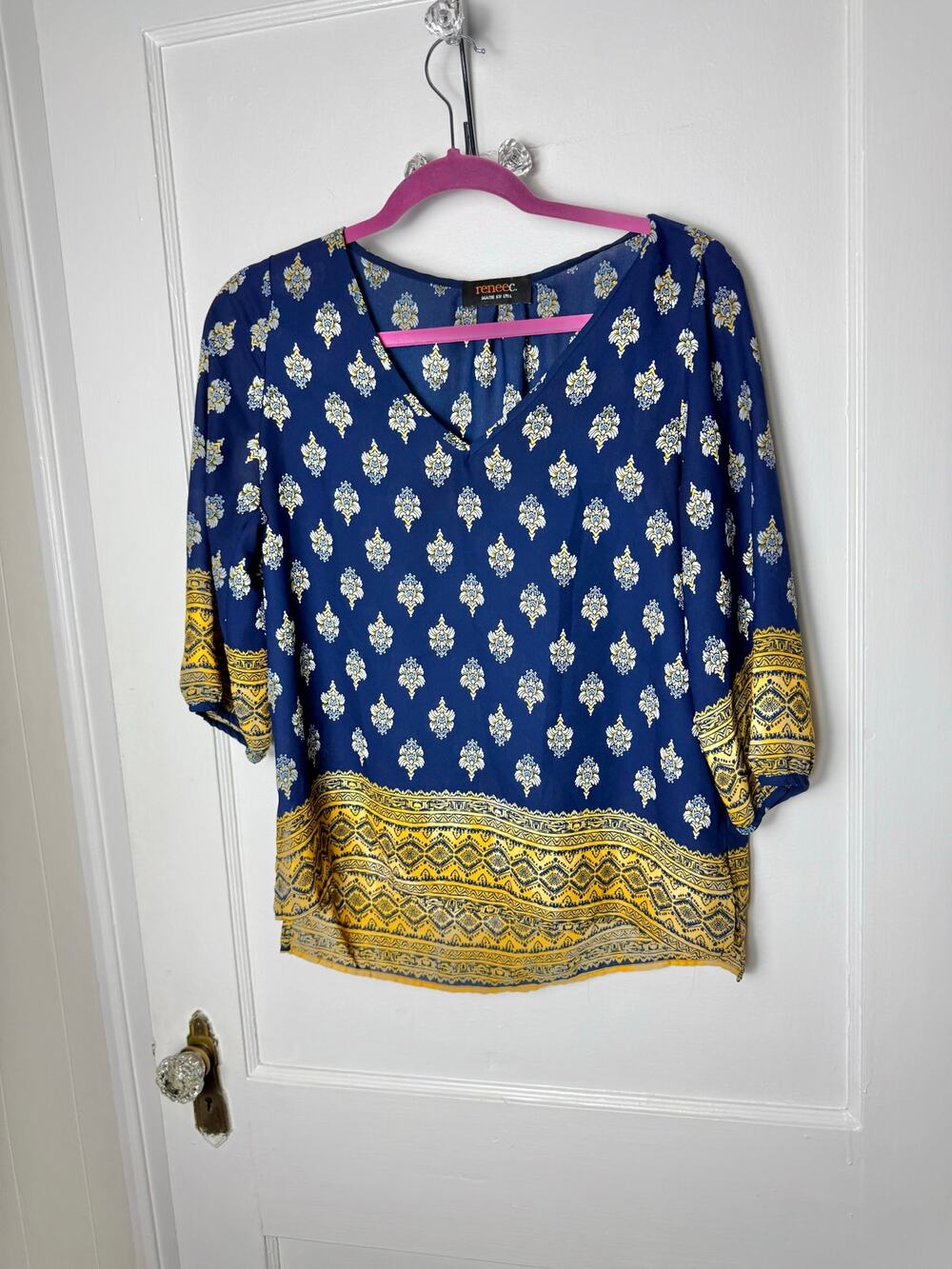 Renee C Block Print Flowy Blouse Women's Small Navy Blue Gold V-neck Top Shirt